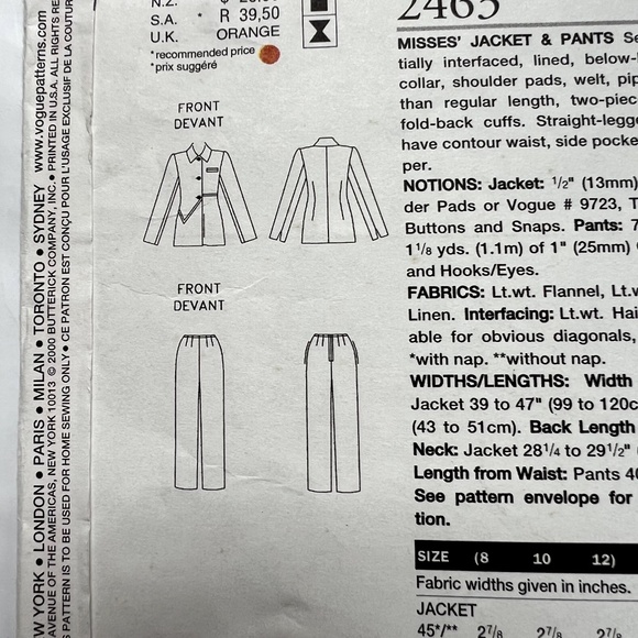 Vogue Sewing Jacket Pants Designer Bill Blass 2463 Semi Fitted 8 10 12 Pattern - Picture 4 of 5